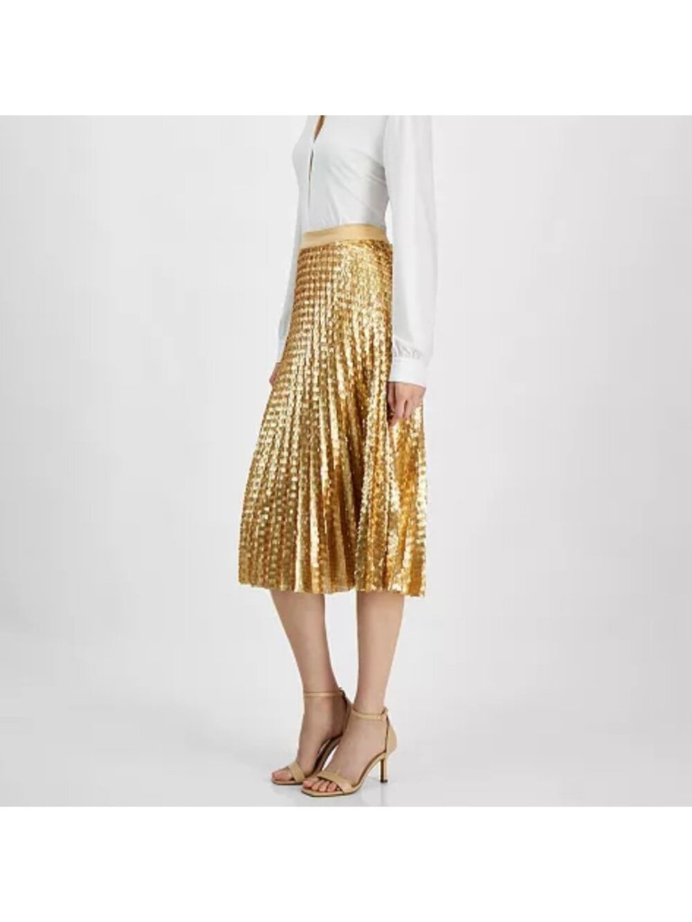 NEW T Tahari 2,4,6 Sequined Pleated Midi Skirt Women's Gold Back Zipper Closure
